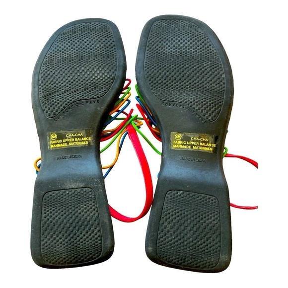 MOBILITY womens 6 open toe sandals RAINBOW colors ELASTIC straps slip on flats - Picture 7 of 8